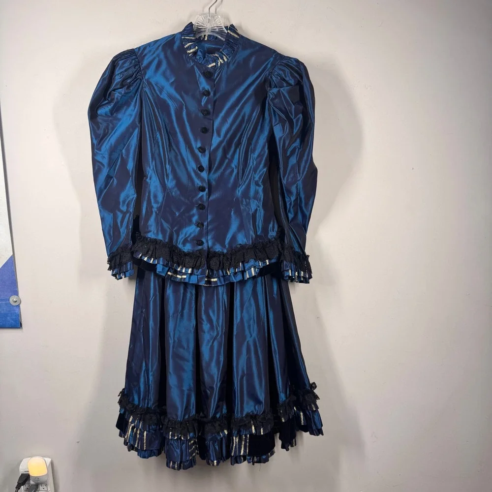 Recollections Victorian Steampunk Blue Taffeta Lace 2 Piece Skirt Set Womens S